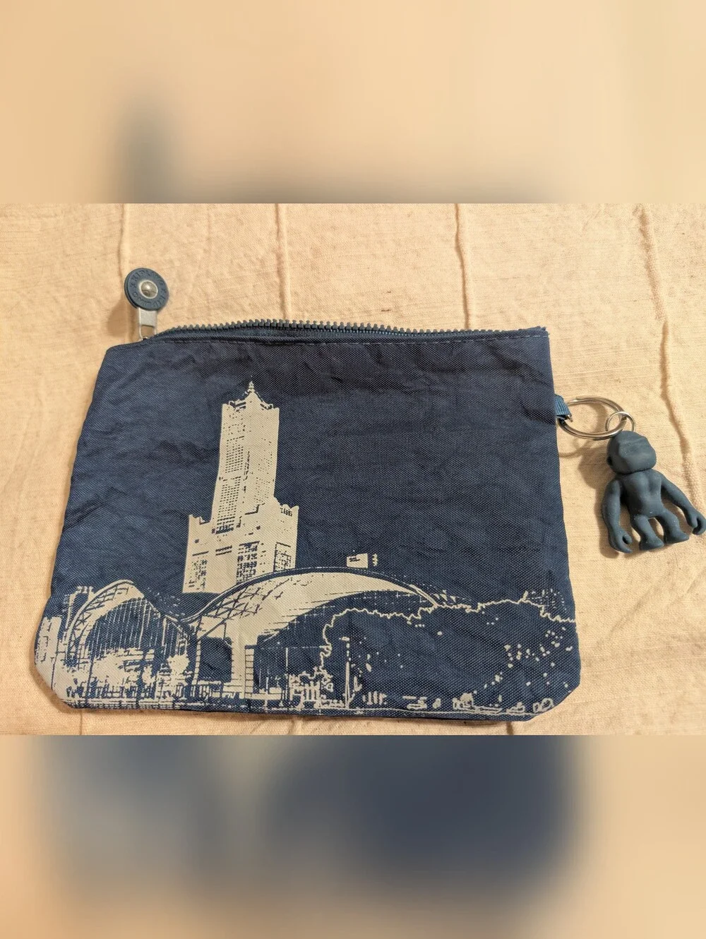 Kipling Navy Blue Canvas Zip Pouch with Monkey Keychain